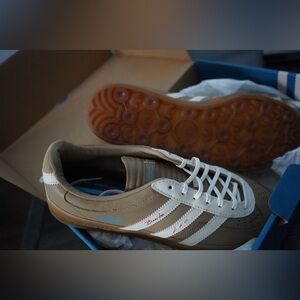 Men's Adidas Gazelle Indoor Bad Bunny /Messi collaboration Tan and White Sneaker